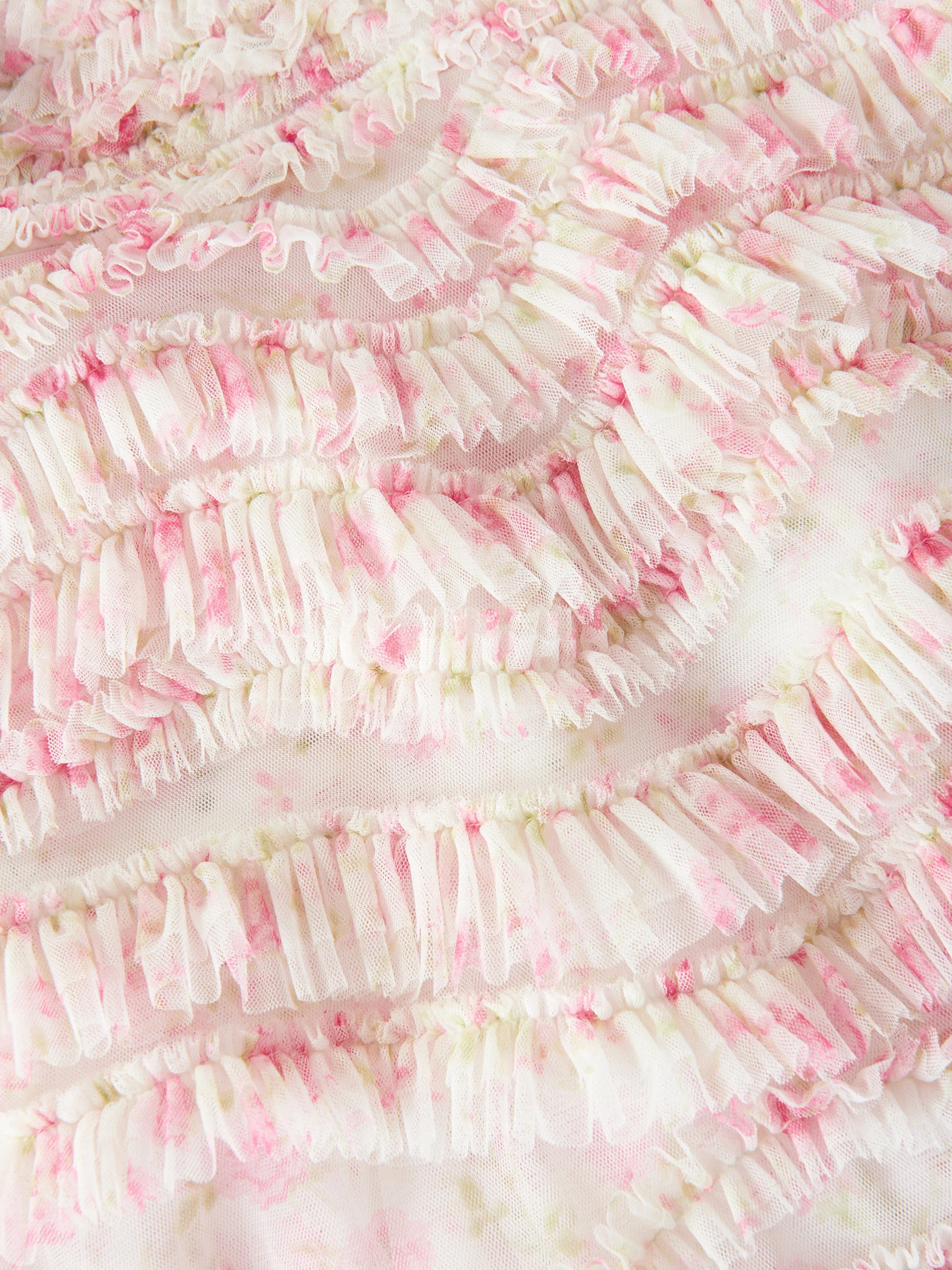 Girls Tulle Rose Ditsy Ruffle Dress in Pink