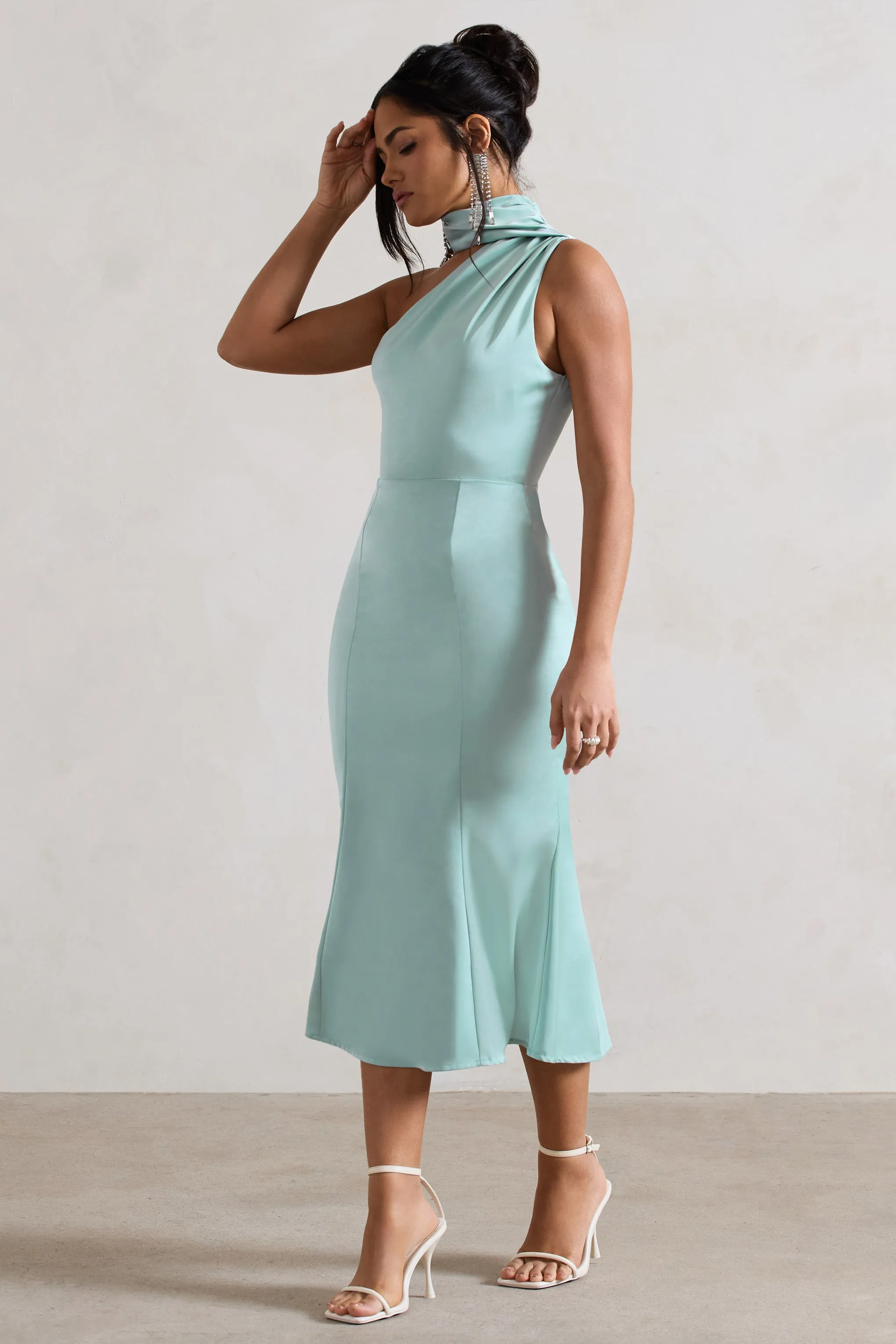 Golden Girl | Mint Satin One Shoulder High-Neck Flared Midi Dress Club L London