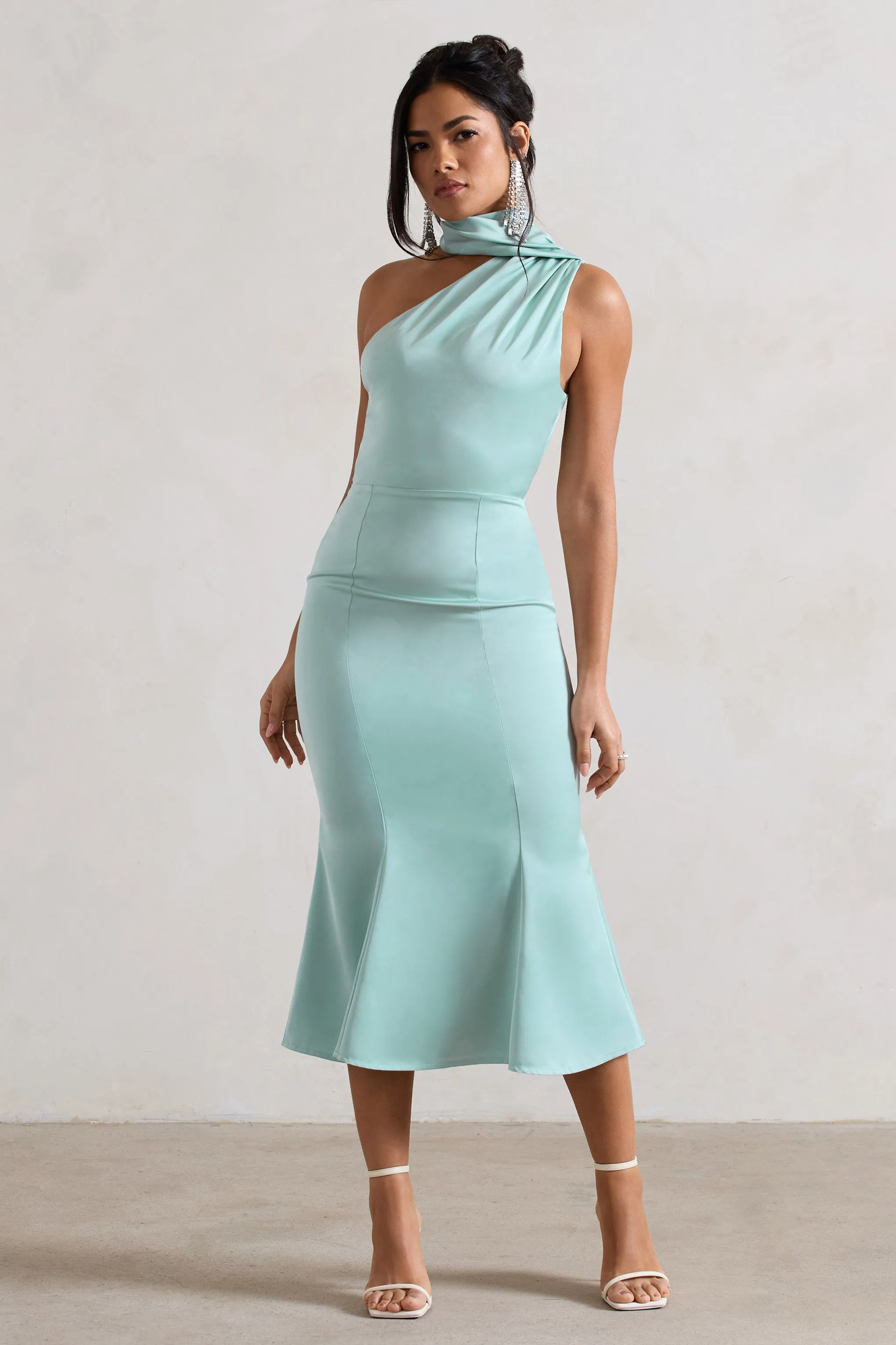 Golden Girl | Mint Satin One Shoulder High-Neck Flared Midi Dress Club L London