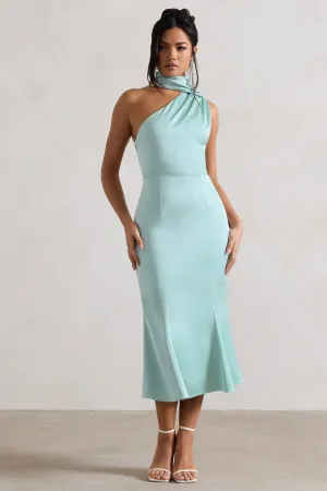 Golden Girl | Mint Satin One Shoulder High-Neck Flared Midi Dress Club L London