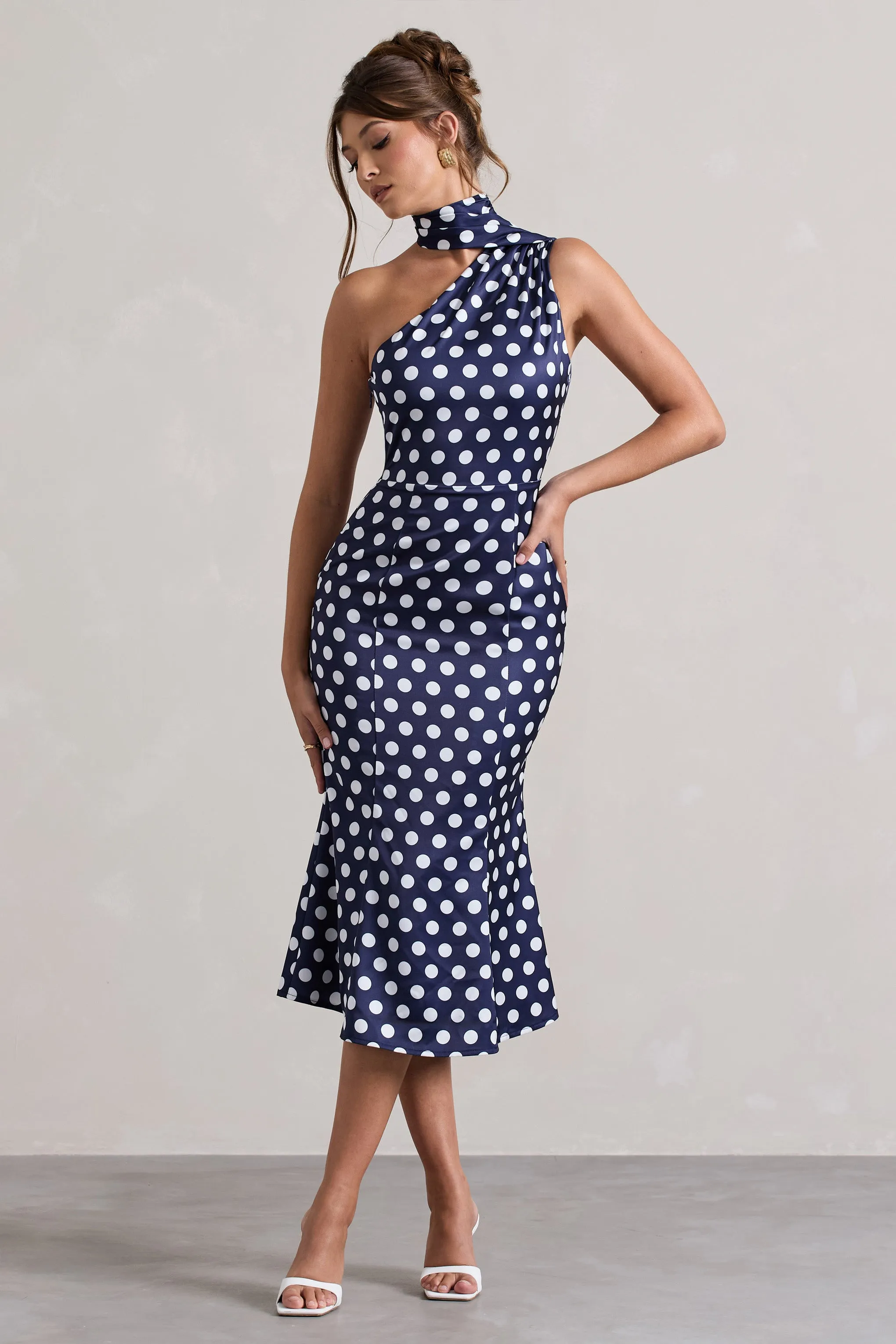 Golden Girl | Navy Polka Dot Asymmetric High-Neck Flared Midi Dress Club L London