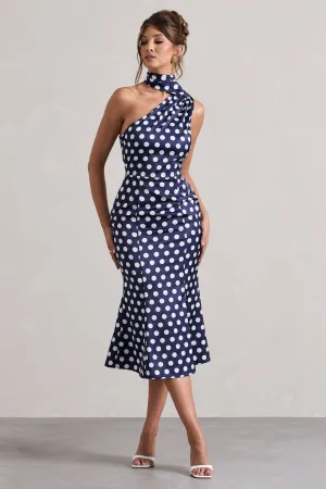 Golden Girl | Navy Polka Dot Asymmetric High-Neck Flared Midi Dress Club L London