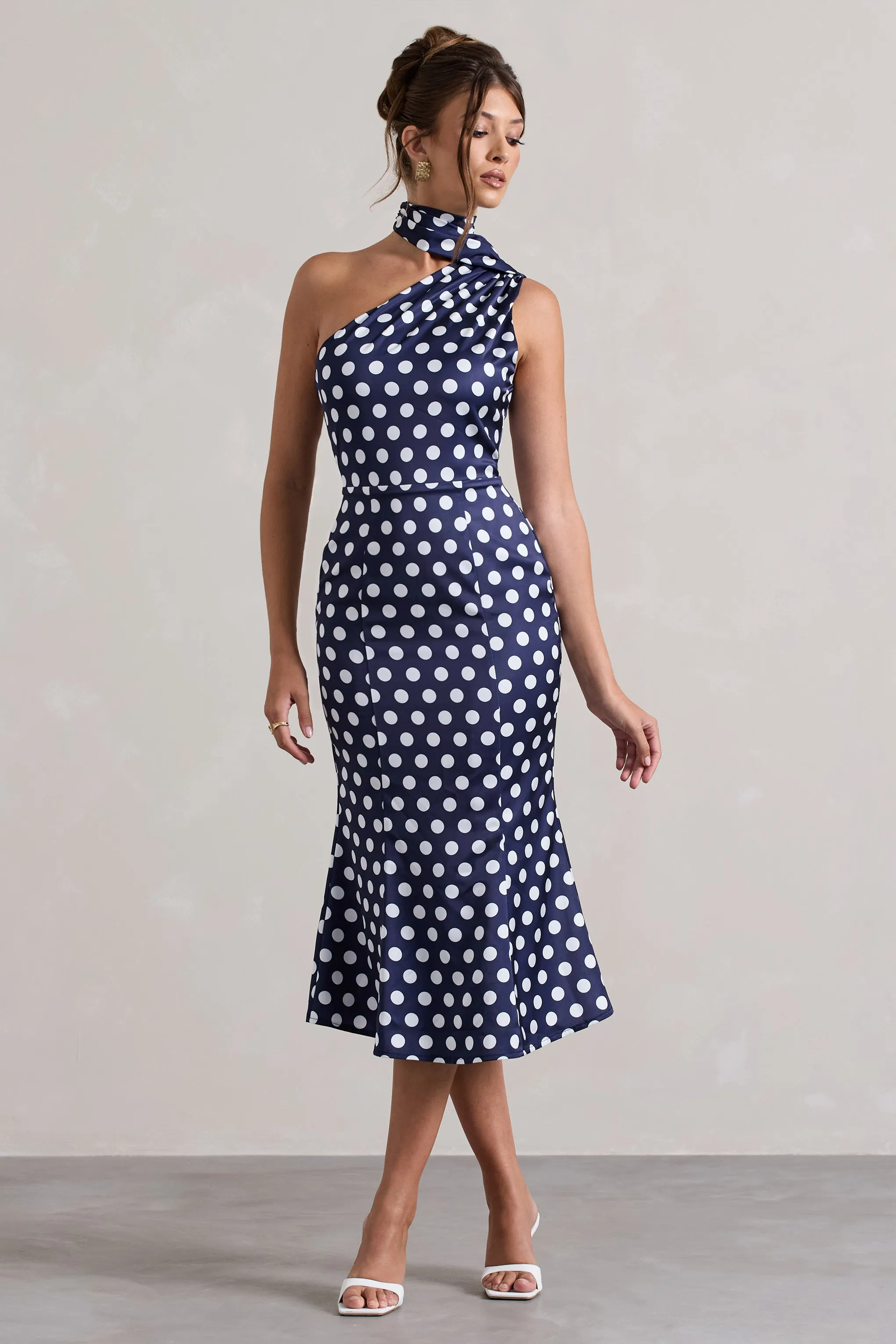 Golden Girl | Navy Polka Dot Asymmetric High-Neck Flared Midi Dress Club L London