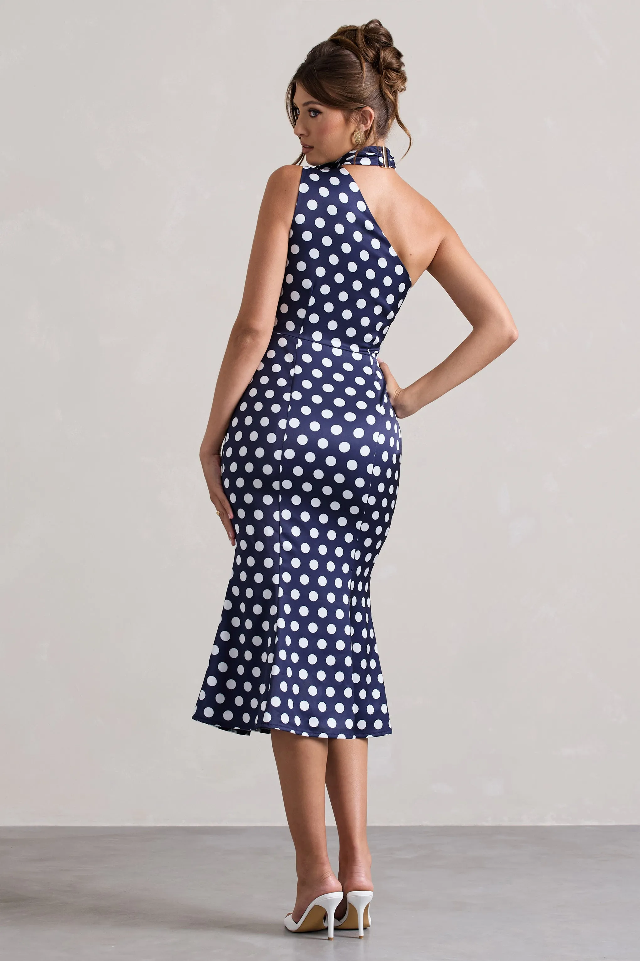 Golden Girl | Navy Polka Dot Asymmetric High-Neck Flared Midi Dress Club L London