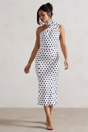 Golden Girl | White Polka Dot One Shoulder High-Neck Flared Midi Dress Club L London