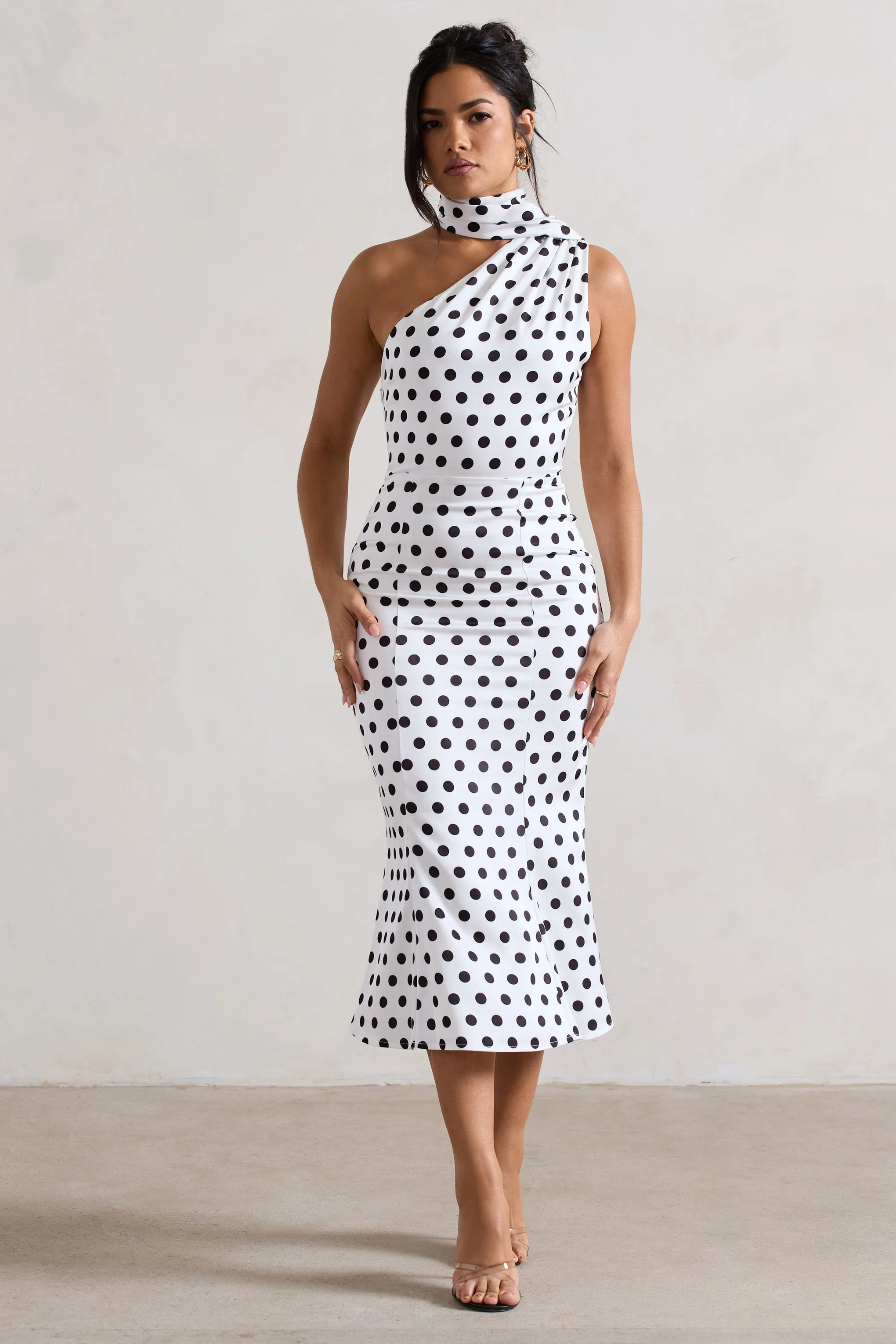 Golden Girl | White Polka Dot One Shoulder High-Neck Flared Midi Dress Club L London
