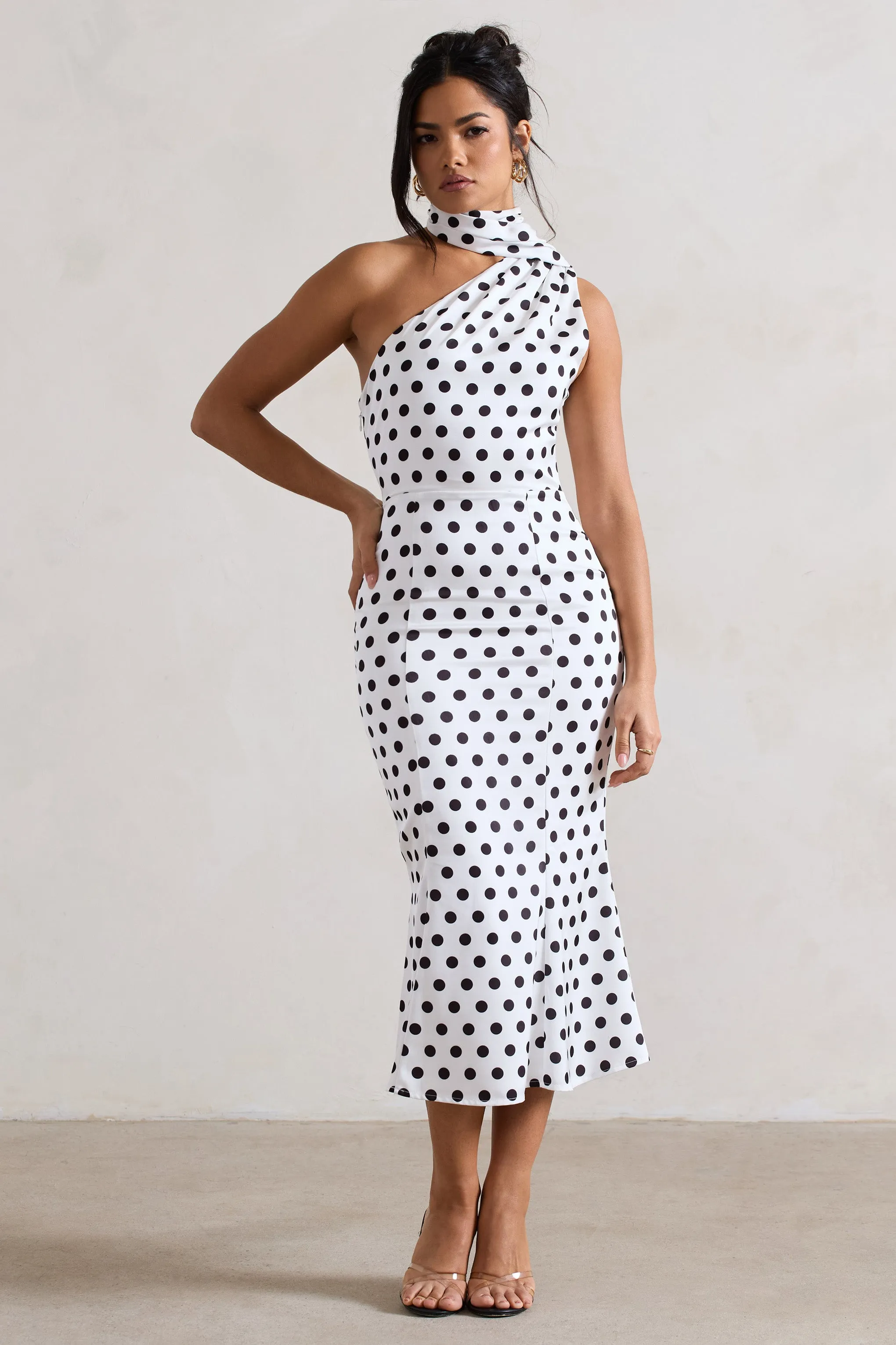 Golden Girl | White Polka Dot One Shoulder High-Neck Flared Midi Dress Club L London