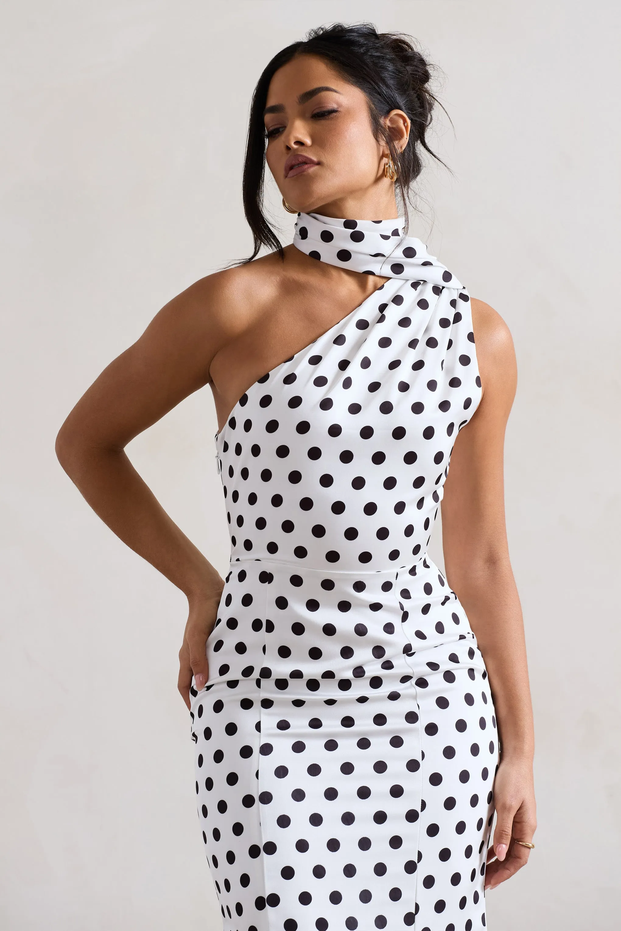 Golden Girl | White Polka Dot One Shoulder High-Neck Flared Midi Dress Club L London