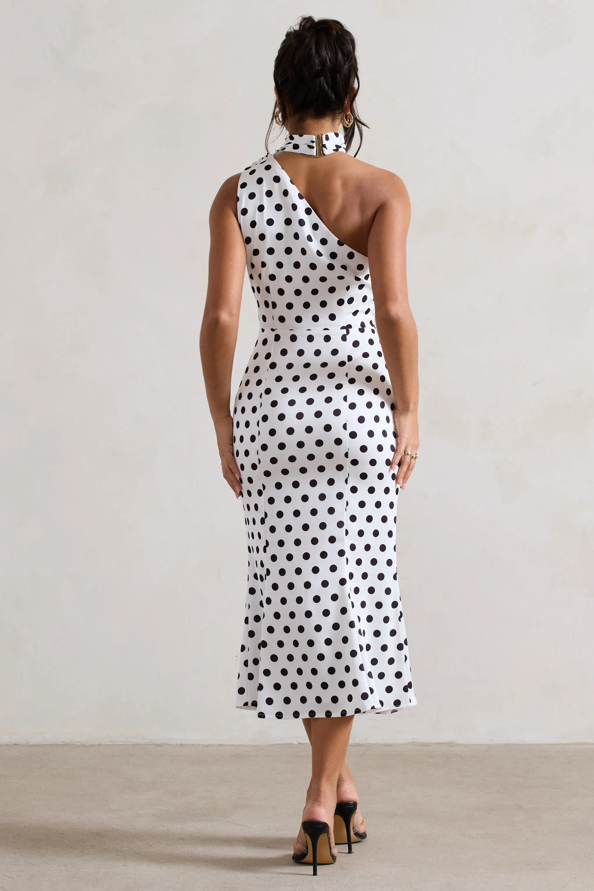 Golden Girl | White Polka Dot One Shoulder High-Neck Flared Midi Dress Club L London