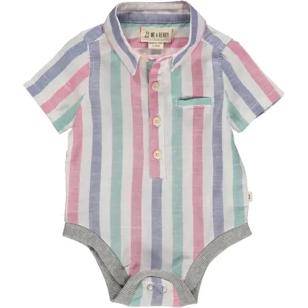 Green/blue striped short sleeved woven onesie | Me & Henry