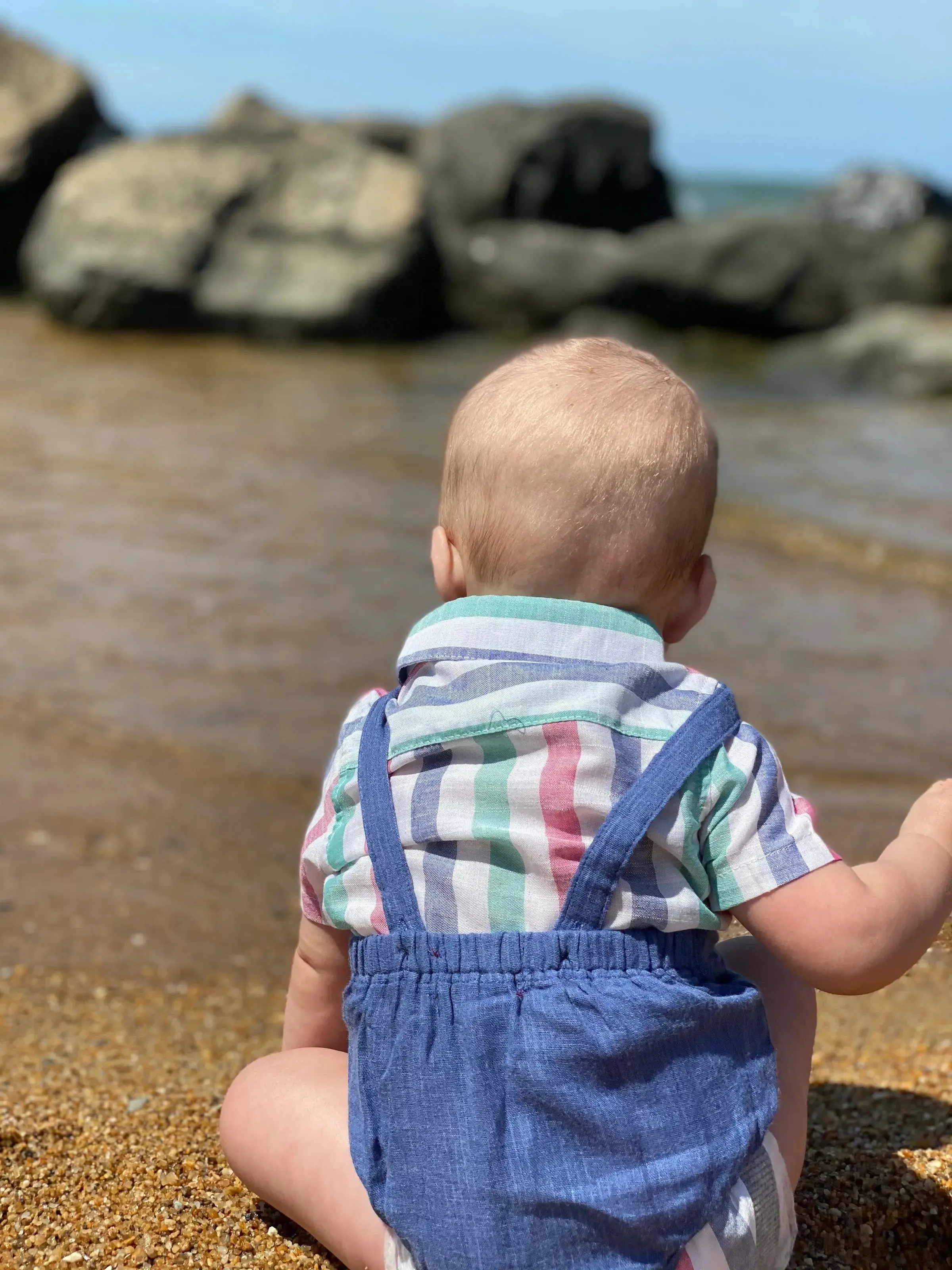 Green/blue striped short sleeved woven onesie | Me & Henry