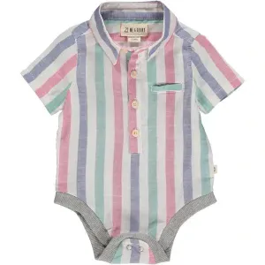 Green/blue striped short sleeved woven onesie | Me & Henry
