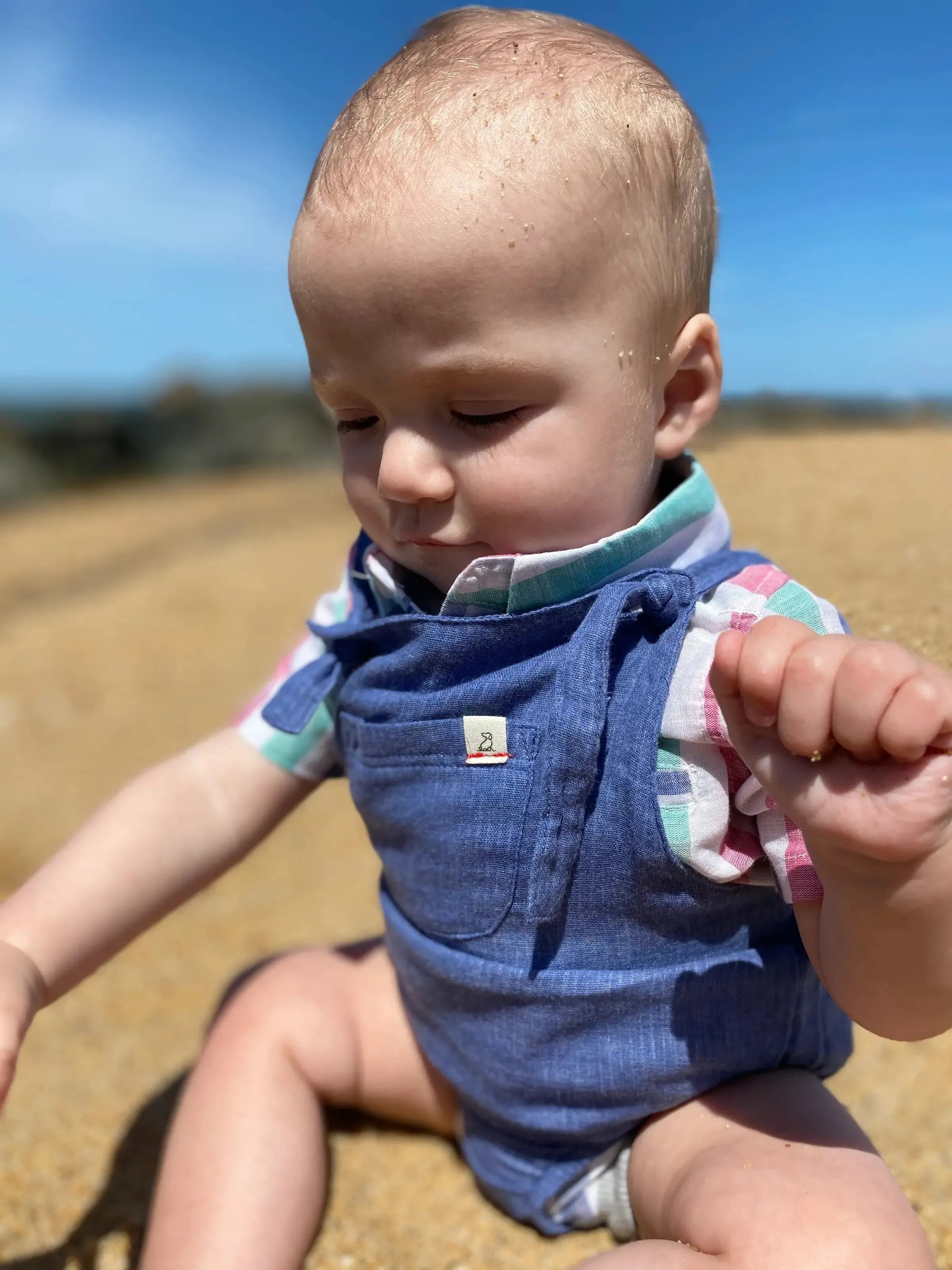 Green/blue striped short sleeved woven onesie | Me & Henry