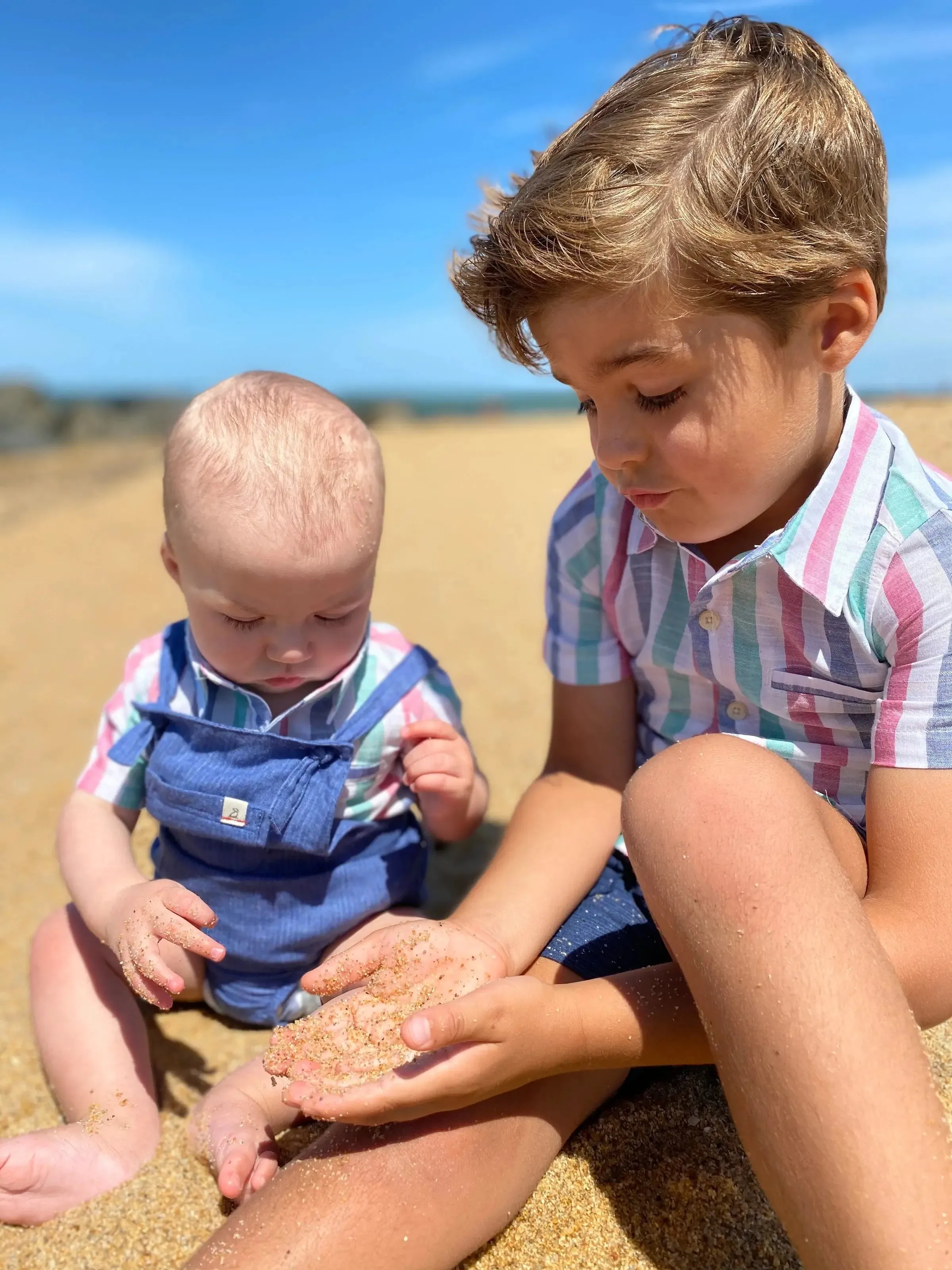 Green/blue striped short sleeved woven onesie | Me & Henry