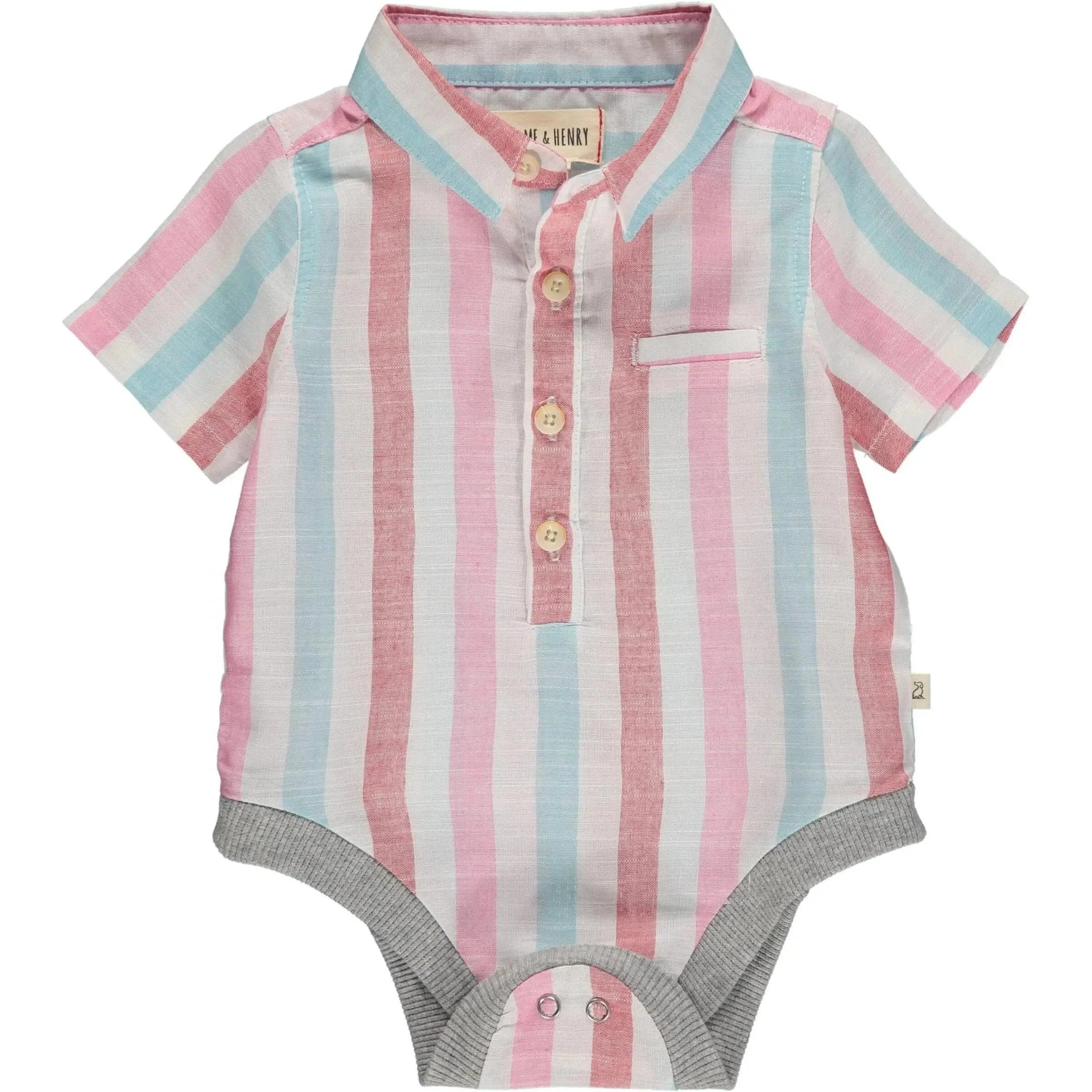 Helford Short Sleeved Onesie - Pink/Red/Turquoise Stripe | Me & Henry