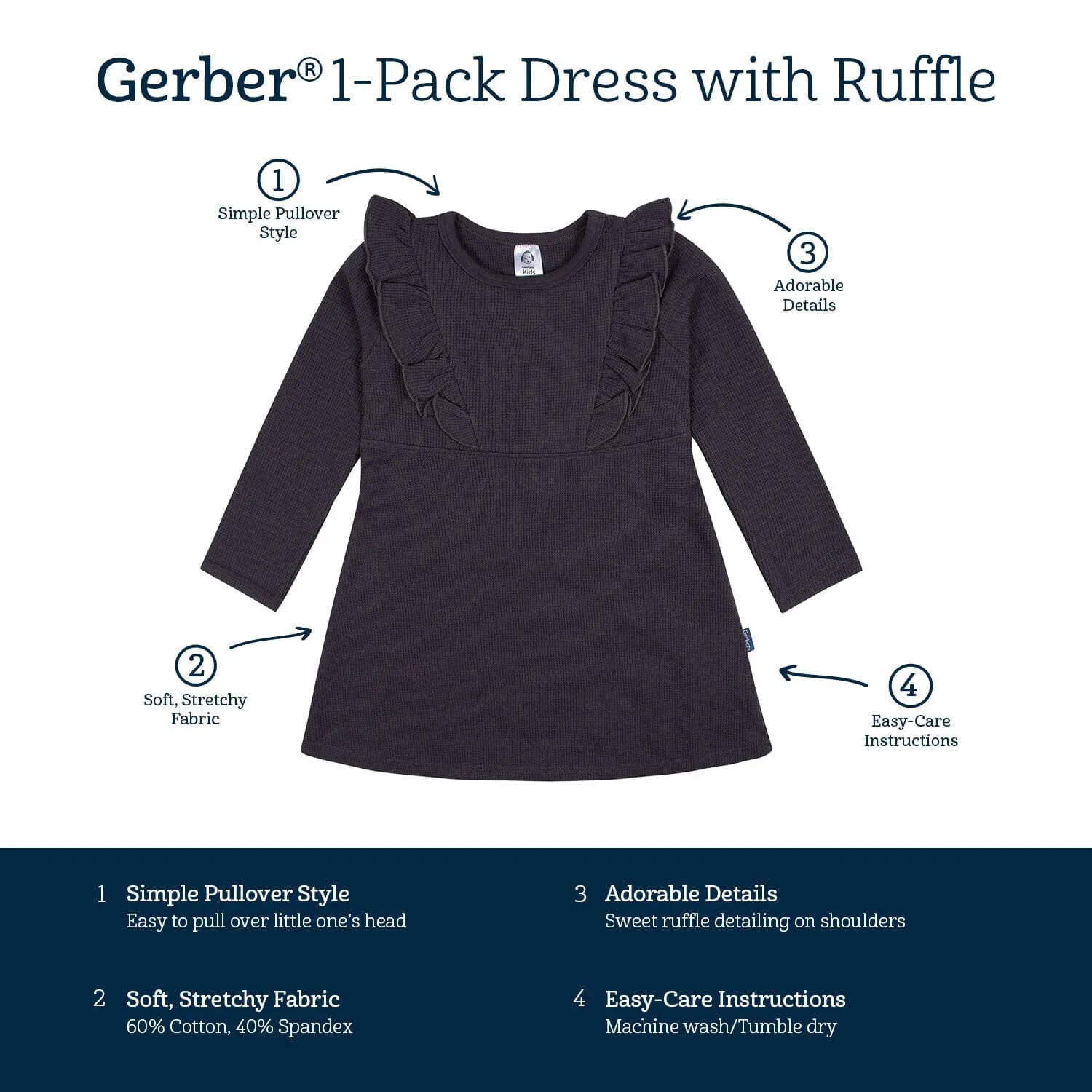 Infant and Toddler Girls Charcoal Dress with Ruffle Gerber Childrenswea