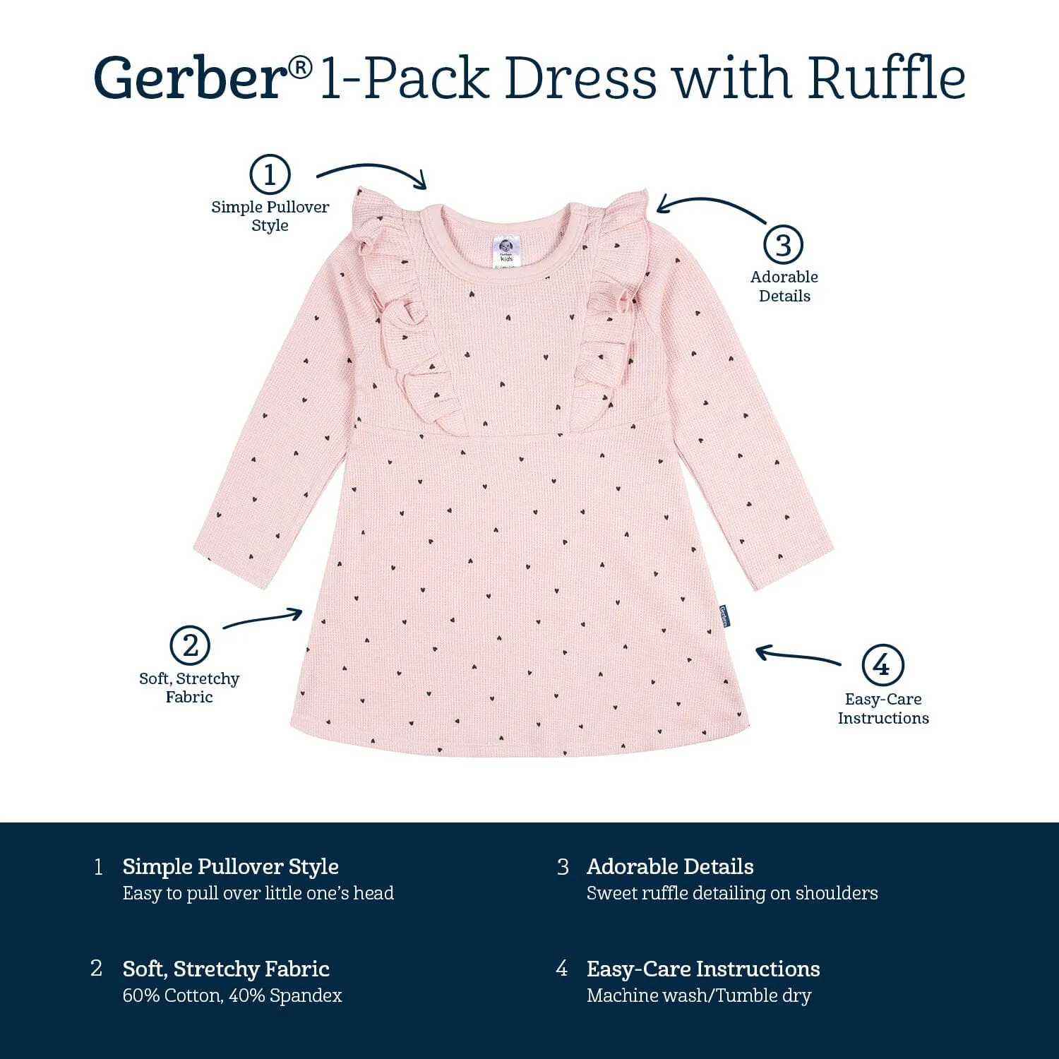 Infant and Toddler Girls Light Pink Hearts Dress with Ruffle Gerber Childrenswea
