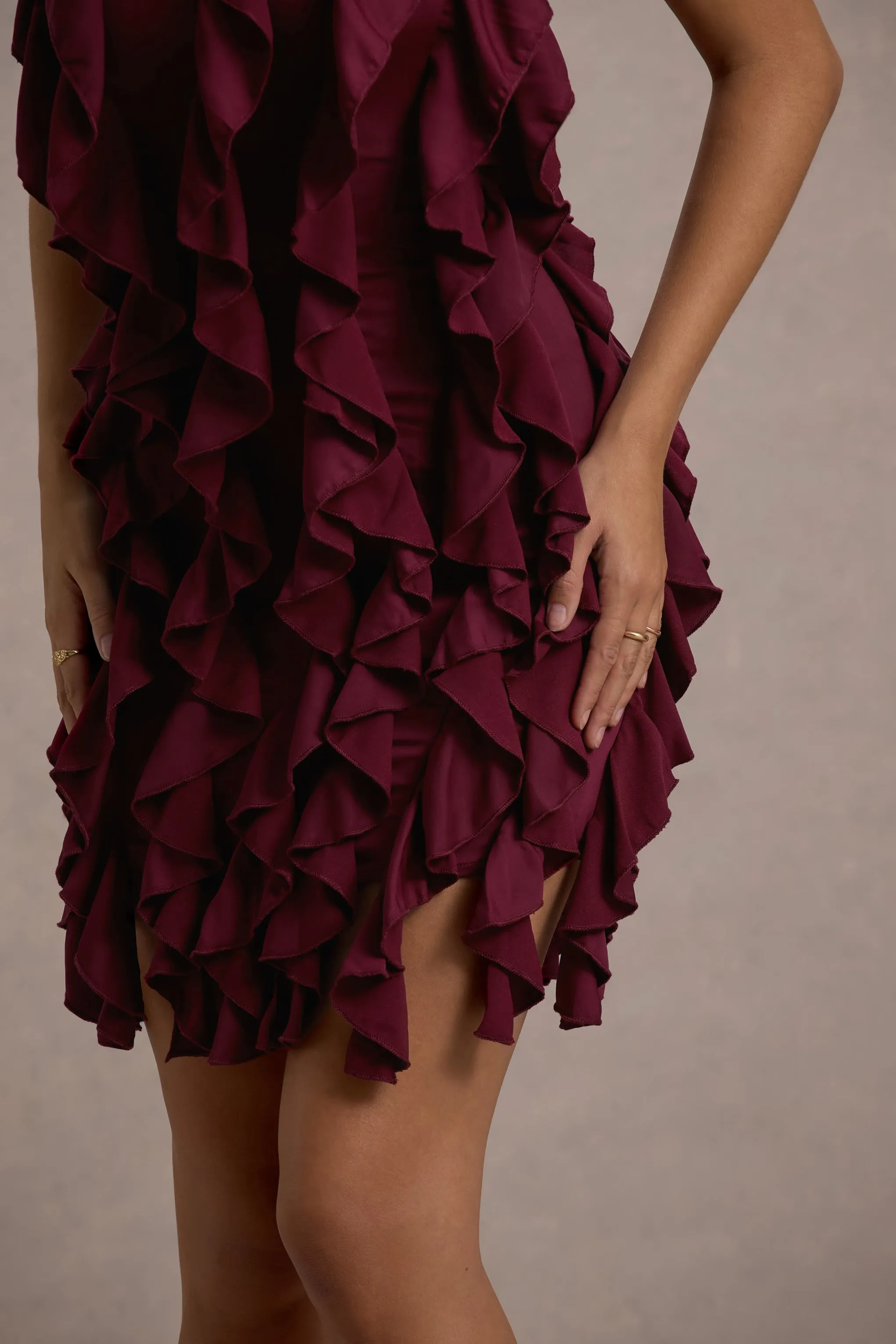 It Girl | Plum Bandeau Bodycon Mini Dress With Ruffles Club L London