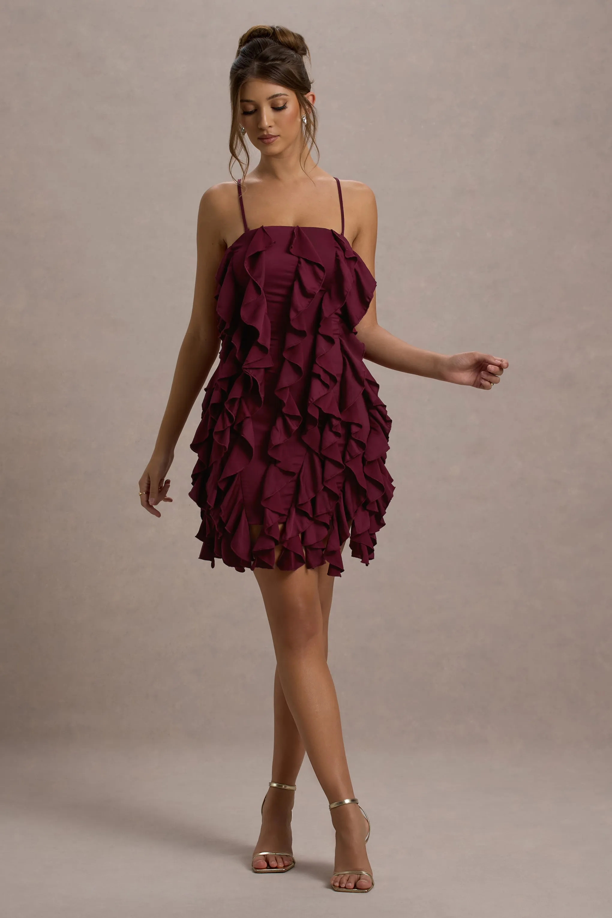 It Girl | Plum Bandeau Bodycon Mini Dress With Ruffles Club L London