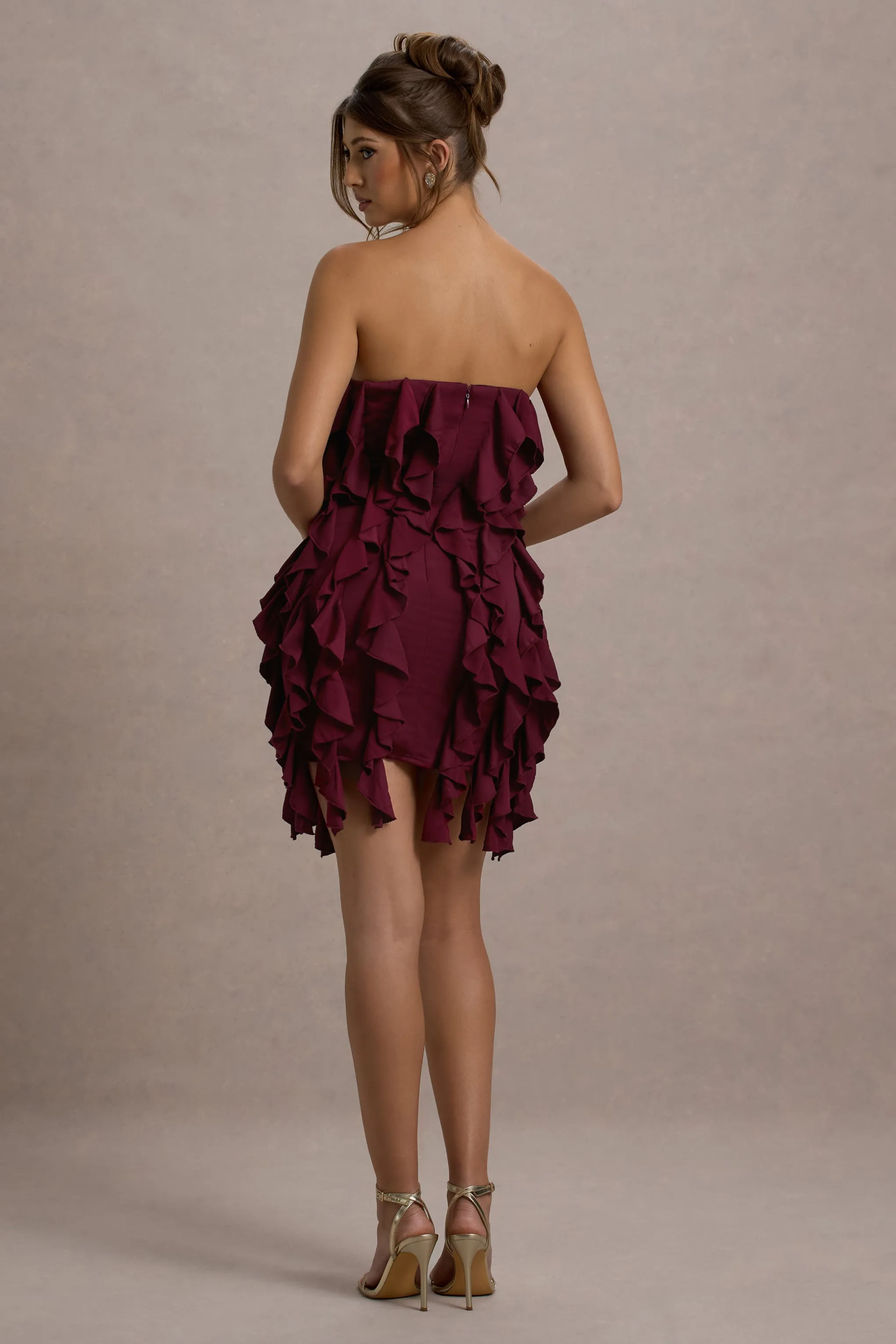 It Girl | Plum Bandeau Bodycon Mini Dress With Ruffles Club L London
