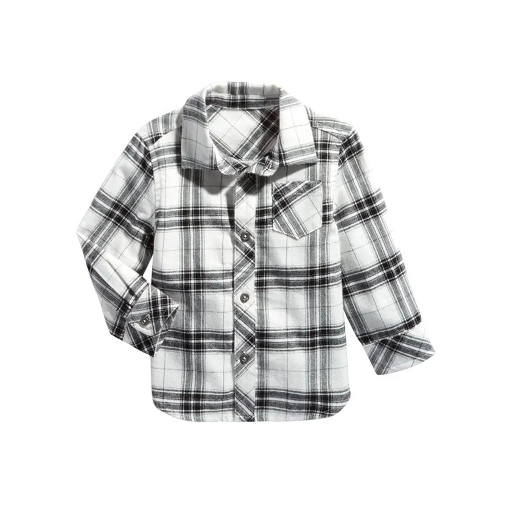 Kids Boy Cotton Plaid Shirt,White/Black
