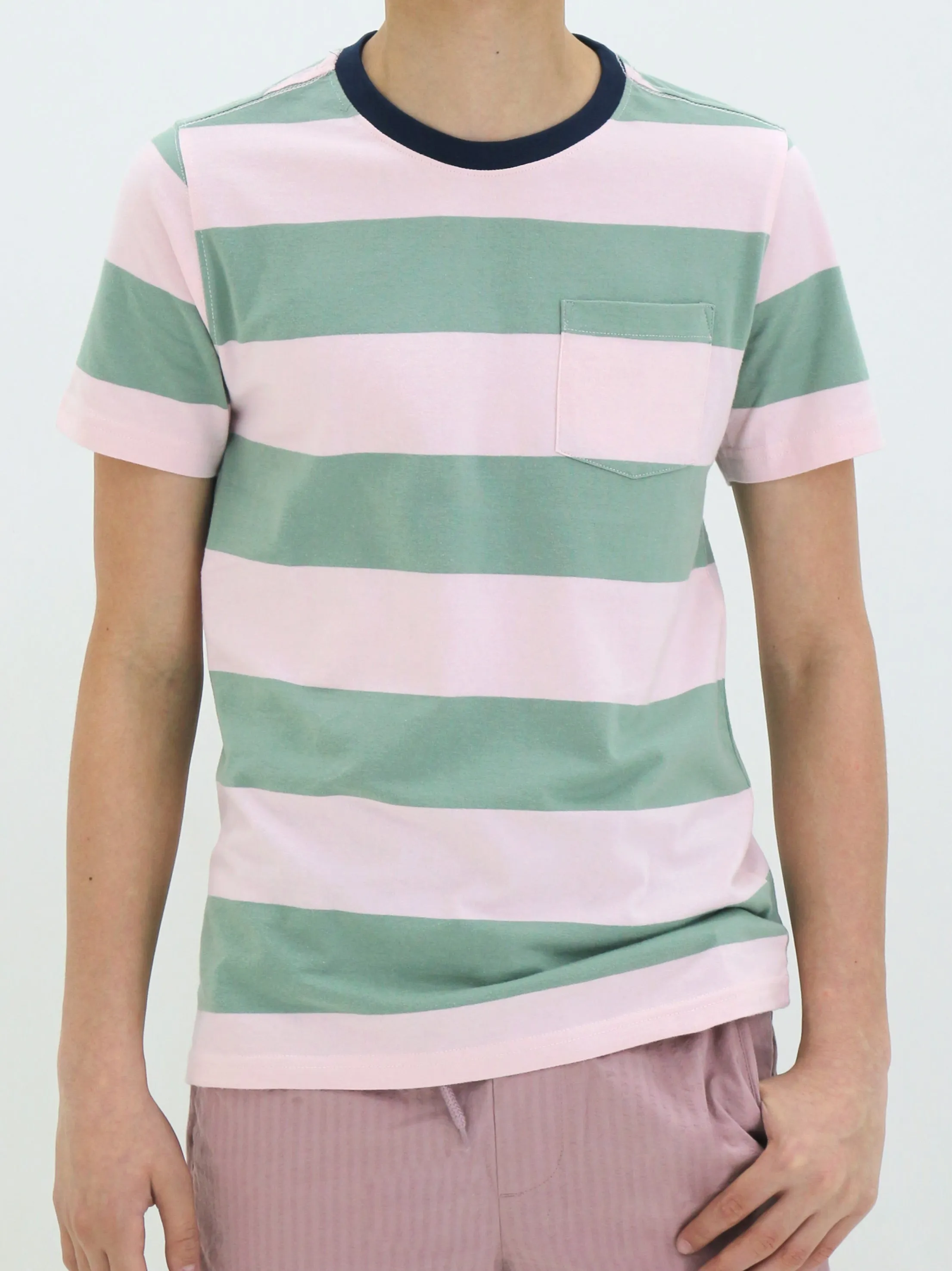 Kids Boy Striped Side Pocket T-Shirt,Green/Light Pink