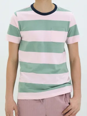 Kids Boy Striped Side Pocket T-Shirt,Green/Light Pink