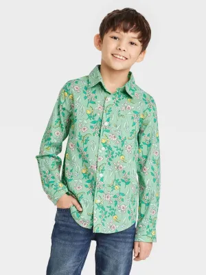 Kids Boy's Floral Printed Dress Shirt,Green
