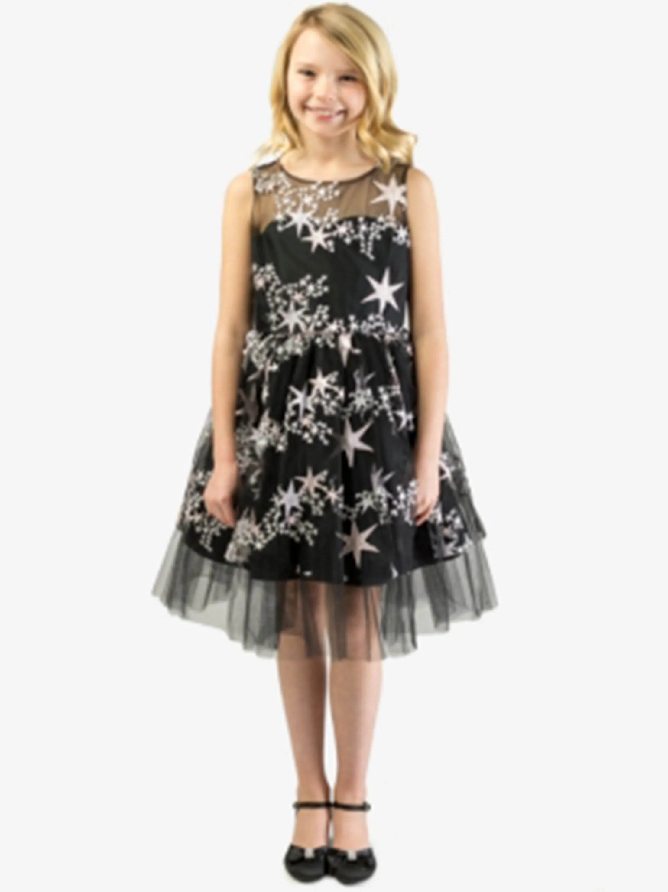 Kids Girl Embroidered Stars Dress,Black