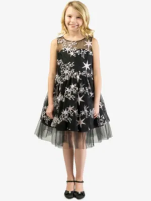 Kids Girl Embroidered Stars Dress,Black