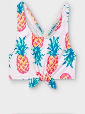 Kids Girl Pineapple Print Tie-Front Bikini Top,Multi