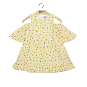Kid's Girl Printed Cold Shoulder Neck Dress,Yellow