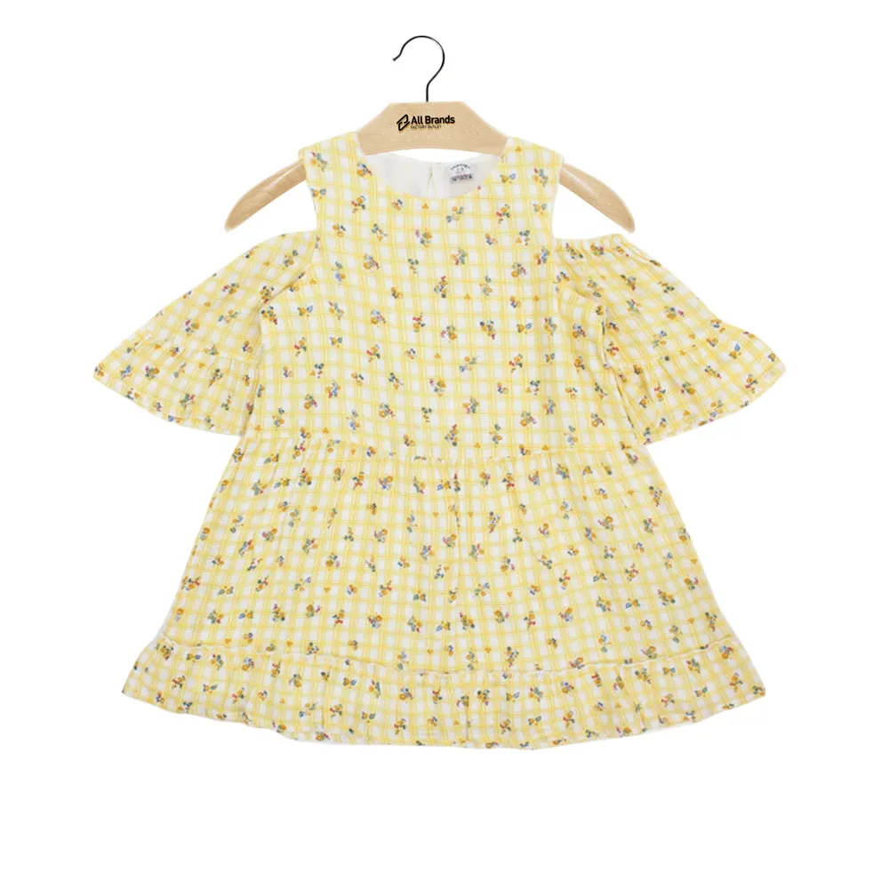 Kid's Girl Printed Cold Shoulder Neck Dress,Yellow