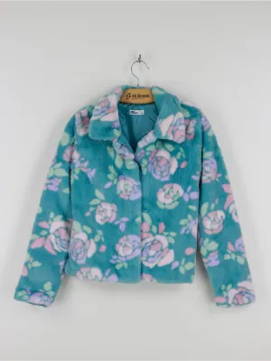 Kids Girl Rose-Print Faux-Fur Jacket,Turquoise