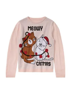 Kids Girl's Graphic Printed Christmas Sweater,Light Pink