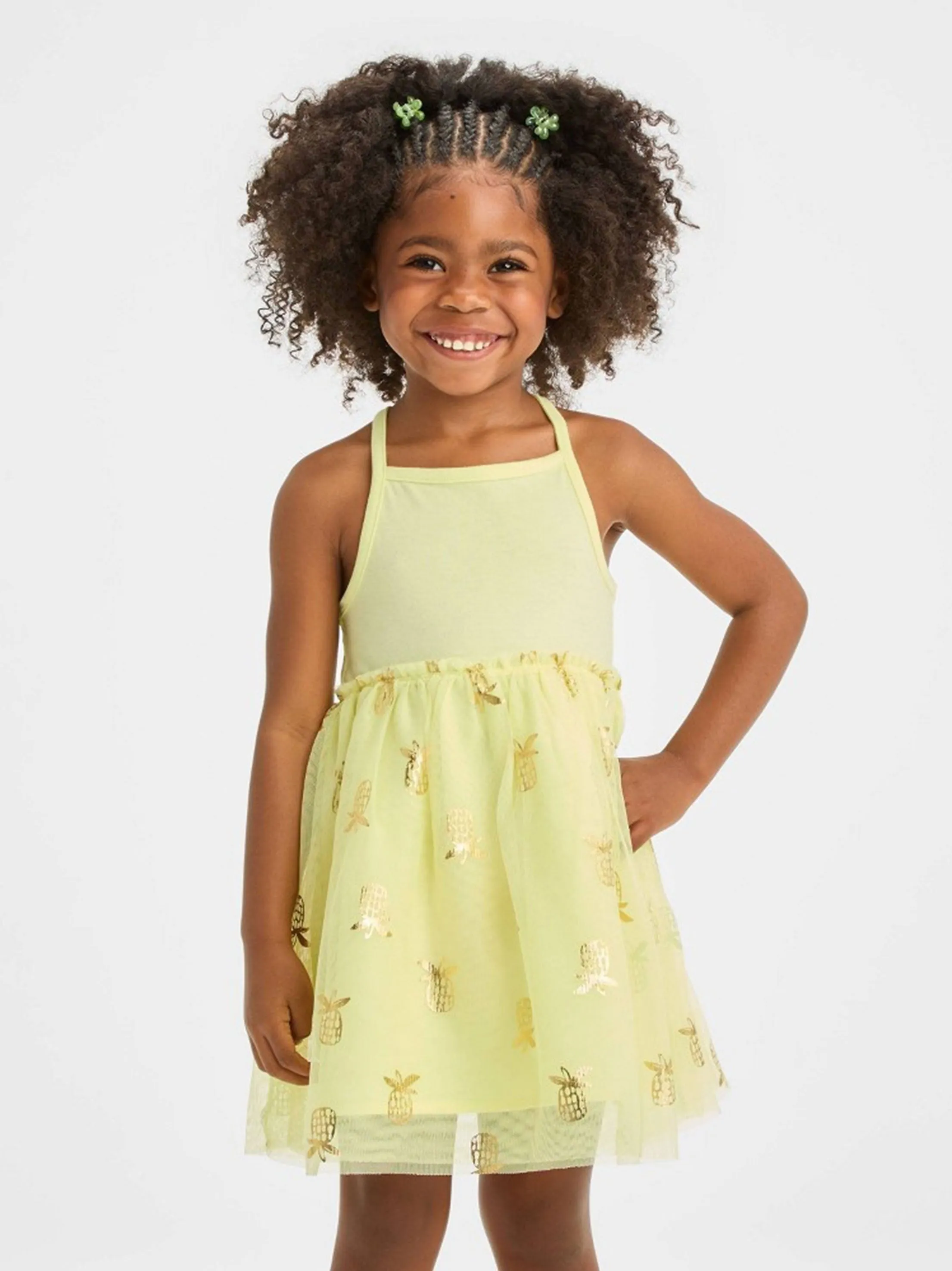 Kids Girl's Pineapple Printed Tulle Dress,Yellow