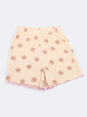 Kids Girl's Printed Ribbed Shorts,Light Beige