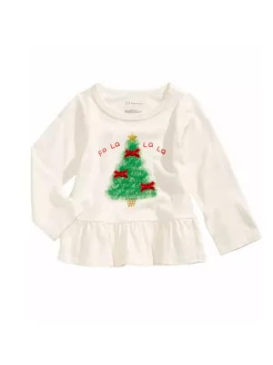 Kids Girl's Tree Printed Christmas Peplum Top,Off White