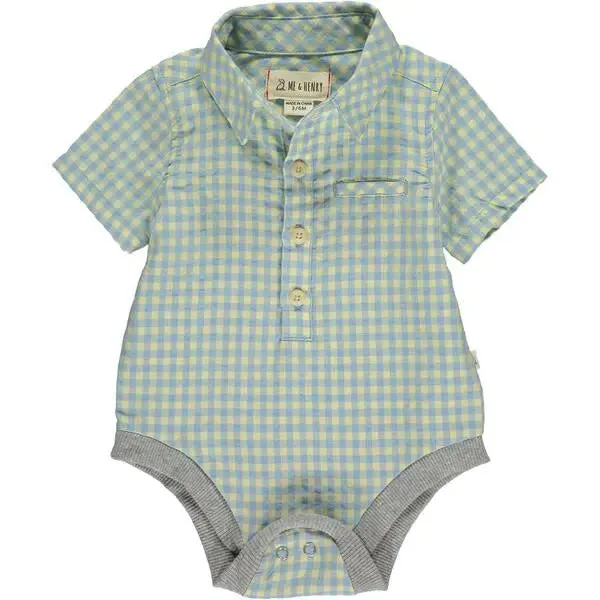 Lemon/blue plaid short sleeved woven onesie | Me & Henry