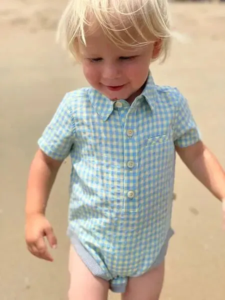 Lemon/blue plaid short sleeved woven onesie | Me & Henry