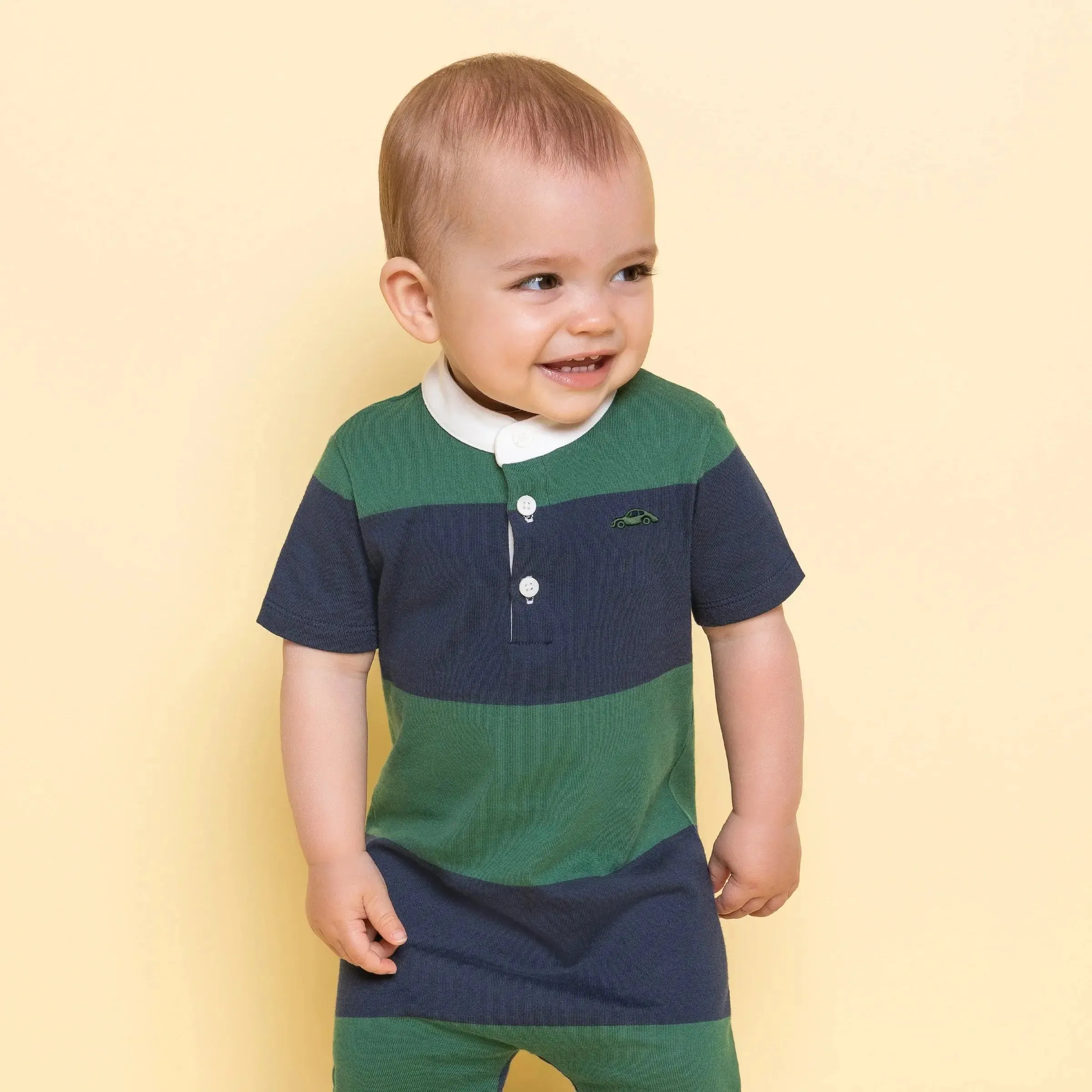 Navy and Racing Green Striped Henley Romper | Miles The Label