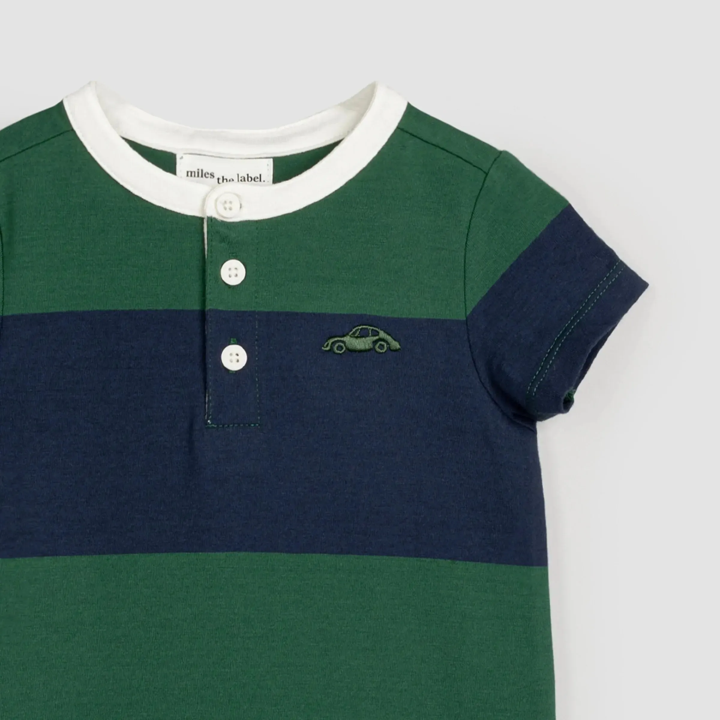 Navy and Racing Green Striped Henley Romper | Miles The Label