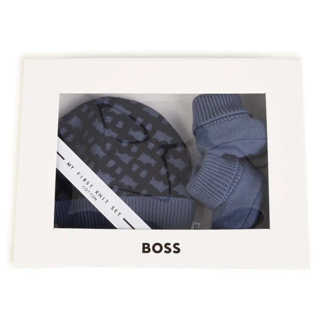 Navy AOP Logo Hat & Booties Set