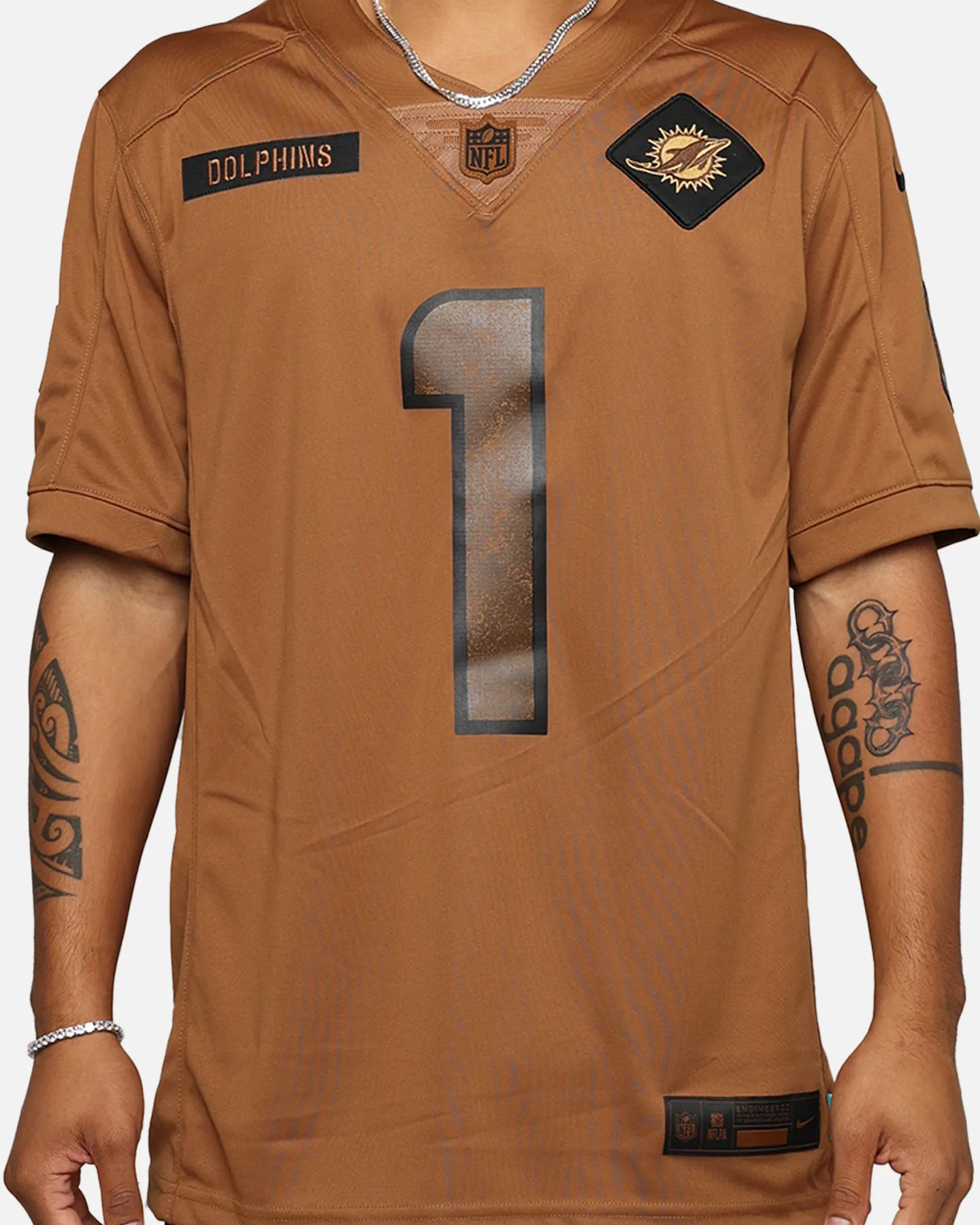 Nike Miami Dolphins Tua Tagovailoa #1 'Salute To Service' Jersey Ale Brown