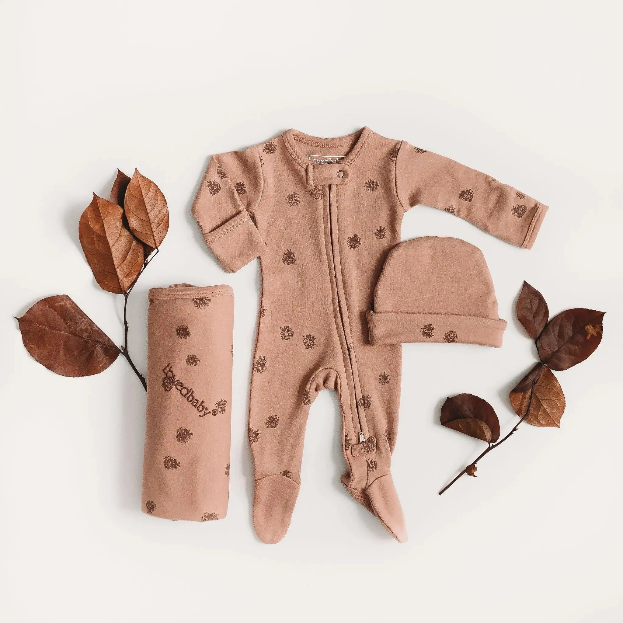 Organic Zipper Footie, Print in Nutmeg Pinecone | L’ovedbaby