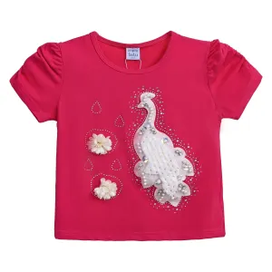 Pink Raspberry Peacock Applique T-Shirt