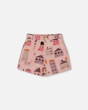 Printed French Terry Short Pink And Coral Houses