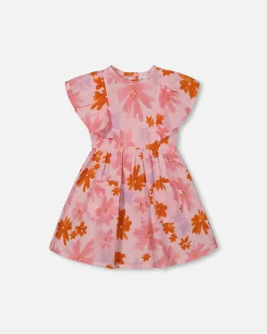 Printed Muslin Dress Pink And Coral Flowers