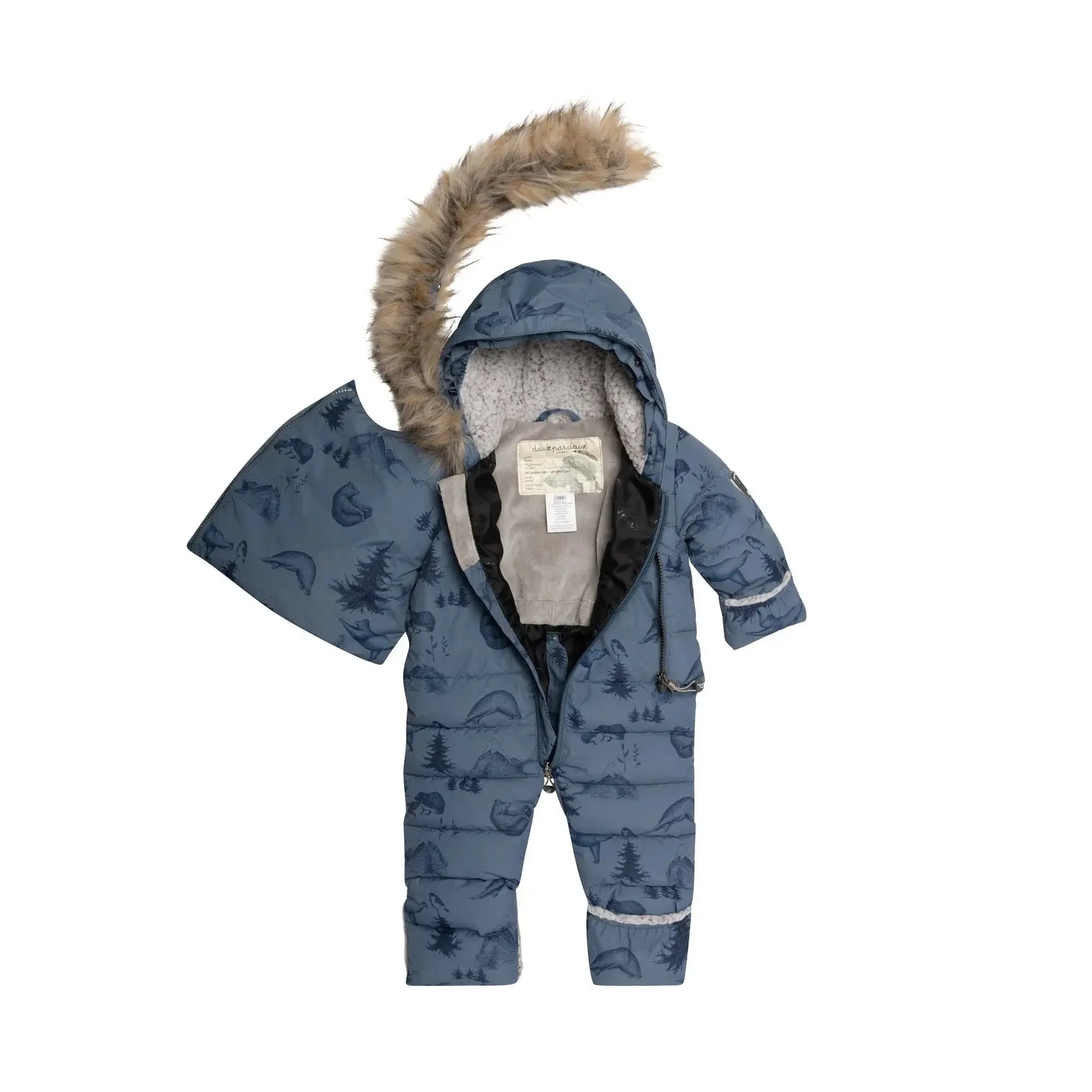 Printed Yoga Bears One Piece Baby Snowsuit Dusty Blue | DEUX PAR DEUX