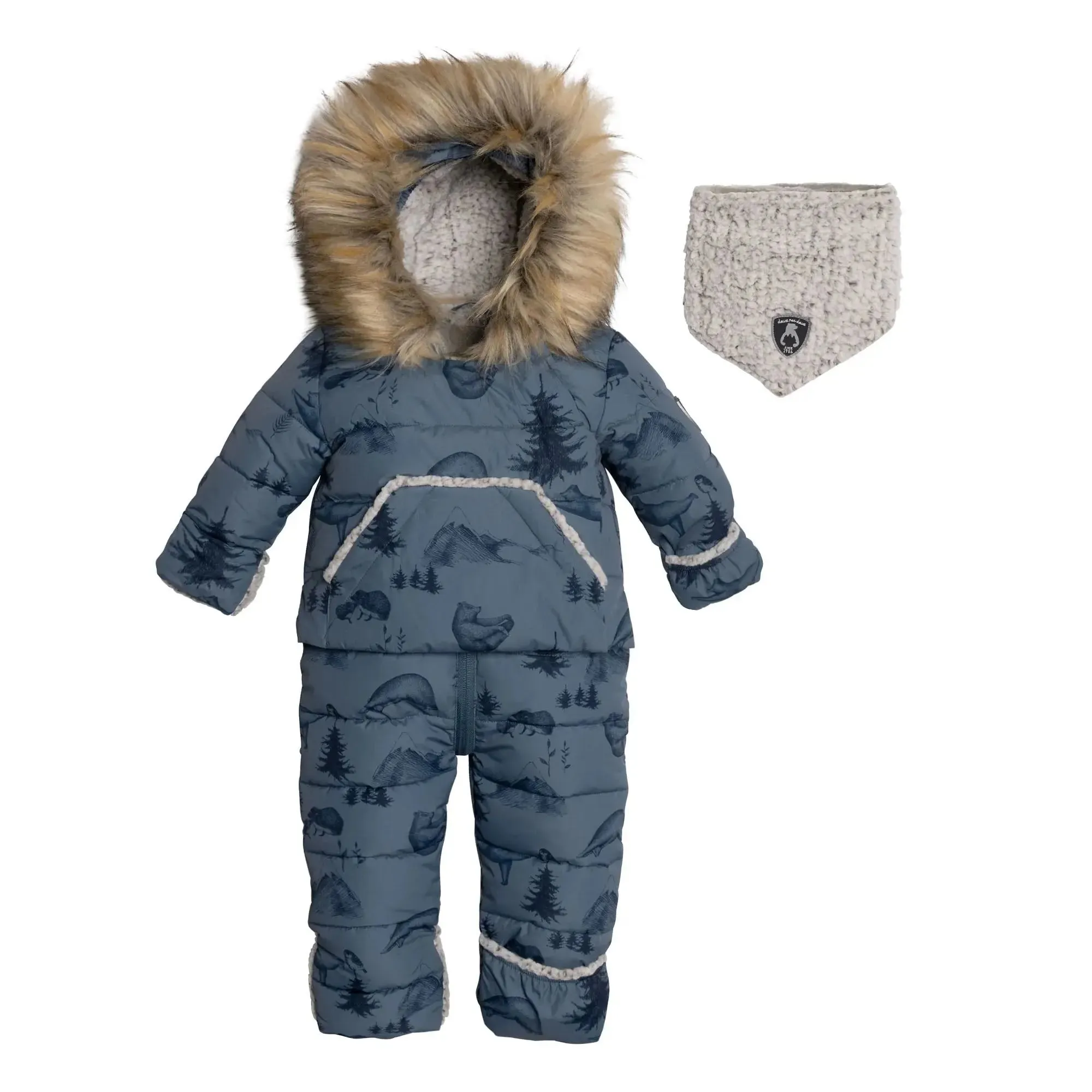 Printed Yoga Bears One Piece Baby Snowsuit Dusty Blue | DEUX PAR DEUX